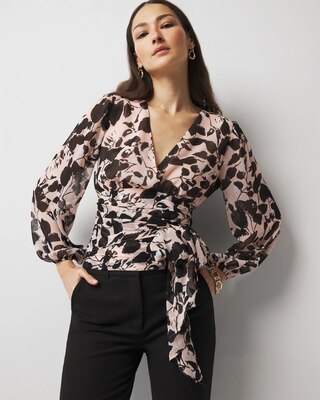 【直営・関税送料込】Floral print flowing Tie-Waist Chiffon Blouse | White House Black Market